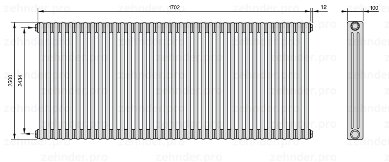 Схема (чертеж) Радиатор Zehnder Charleston 3250/37 №1270 Белый глянцевый RAL 9016